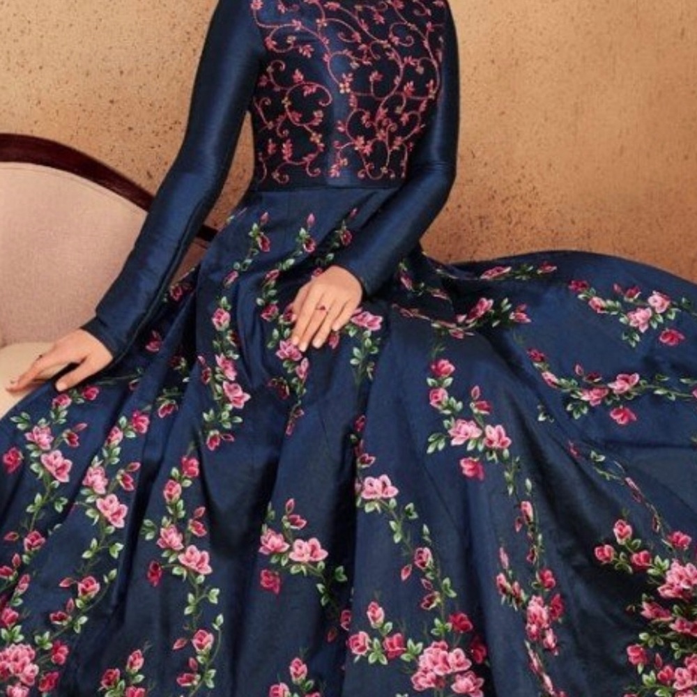 Midnight Blue Embroidered Silk Anarkali Dress